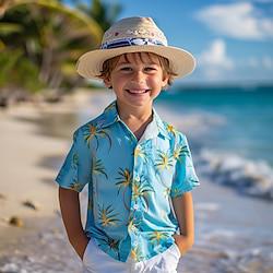 Boys 3D Graphic Leaf Tree Shirts Blue Short Sleeve 3D Print Summer Vacation Tropical Daily Polyester Kids 3-12 Years Lapel Outdoor Casual Daily Tailored Fit Lightinthebox