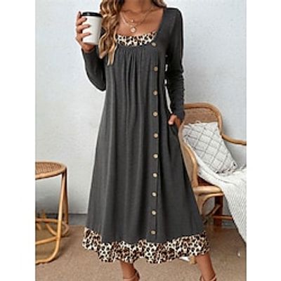 Women's Casual Dress Winter Dress Print Dress Leopard Patchwork Button Crew Neck Midi Dress Fashion Streetwear Outdoor Date Long Sleeve Loose Fit Gray Fall Winter S M L XL XXL Lightinthebox