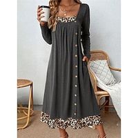 Women's Casual Dress Winter Dress Print Dress Leopard Patchwork Button Crew Neck Midi Dress Fashion Streetwear Outdoor Date Long Sleeve Loose Fit Gray Fall Winter S M L XL XXL Lightinthebox - thumbnail
