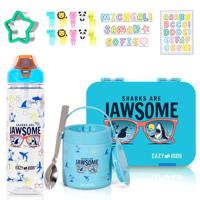 Eazy Kids 6 - 4 Compartment Bento Lunch Box With 2 In1 Tritan Water Bottle And Steel Food Jar Jawsome - Blue