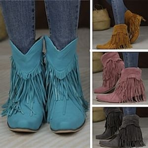 Women's Boots Cowboy Boots Tassel Shoes Outdoor Daily Booties Ankle Boots Winter Embroidery Chunky Heel Pointed Toe Vintage Fashion Casual PU Loafer Embroidered Yellow Pink Blue miniinthebox