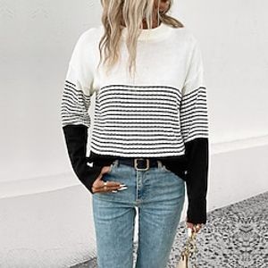 Women's T shirt Tee Striped White Print Long Sleeve Daily Fashion Round Neck Regular Fit Spring   Fall Lightinthebox
