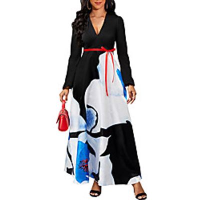 Women's A Line Dress Maxi long Dress Blue Long Sleeve Floral Print Spring Summer V Neck Stylish Work Elegant 2022 S M L XL XXL miniinthebox