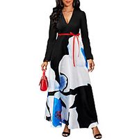 Women's A Line Dress Maxi long Dress Blue Long Sleeve Floral Print Spring Summer V Neck Stylish Work Elegant 2022 S M L XL XXL miniinthebox - thumbnail