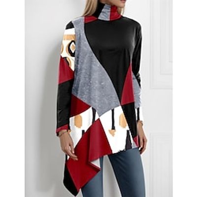 Women's Shirt Blouse Graphic Black Yellow Red Print Asymmetric Hem Long Sleeve Casual Holiday Fashion High Neck Regular Fit Spring   Fall Lightinthebox