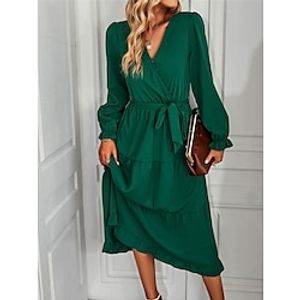 Women's Casual Dress A Line Dress Plain Dress Midi Dress Lace up Street Date Streetwear A Line V Neck Long Sleeve Loose Fit Black Pink Wine Color S M L XL 2XL Size Lightinthebox