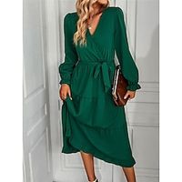 Women's Casual Dress A Line Dress Plain Dress Midi Dress Lace up Street Date Streetwear A Line V Neck Long Sleeve Loose Fit Black Pink Wine Color S M L XL 2XL Size Lightinthebox - thumbnail