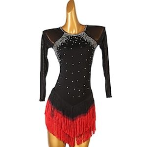 Figure Skating Dress Women's Girls' Ice Skating Dress Black Tassel Open Back Mesh High Elasticity Training Competition Skating Wear Classic Long Sleeve Ice Skating Figure Skating Lightinthebox