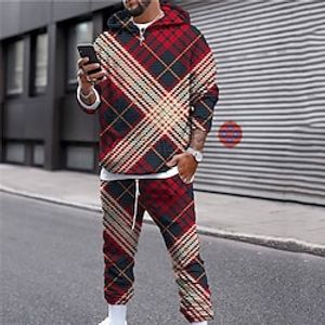 Men's Tracksuit Hoodies Set Yellow Red Navy Blue Khaki Hooded Graphic Plaid Checkered 2 Piece Print Sports  Outdoor Casual Sports 3D Print Basic Streetwear Designer Fall Spring Clothing Apparel Lightinthebox
