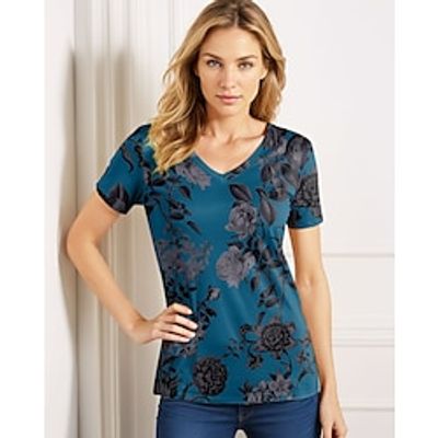 Women's T shirt Tee Floral Casual Holiday Red Blue Fuchsia Print Short Sleeve Fashion V Neck Regular Fit Spring  Summer Lightinthebox