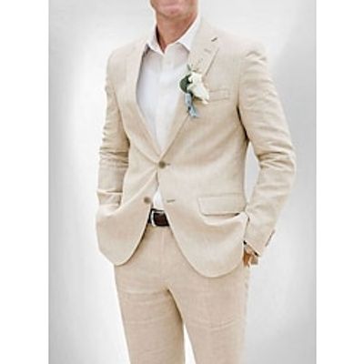 Khaki Men's Wedding Linen Suits 2 Piece Solid Colored Tailored Fit Single Breasted Two-buttons 2023 Lightinthebox
