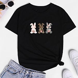 Women's T shirt Letter Animal Print Round Neck Basic Tops Cotton Blue Purple Yellow miniinthebox