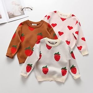 Kids Girls' Sweater Strawberry School Other Prints Long Sleeve Crewneck Active 3-7 Years Fall Ivory Brown Beige Lightinthebox