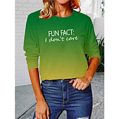 Women's Painting T shirt Color Gradient Text Long Sleeve Round Neck Basic Tops Cotton Blue Gray Green miniinthebox
