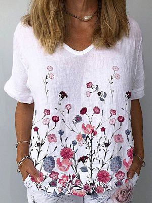 Round Neck Casual Loose Floral Print Short Sleeve Blouse Round Neck Casual Loose Floral Print Short Sleeve Blouse