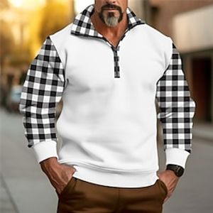 Men's Sweatshirt Quarter Zip Sweatshirt Black White Army Green Blue Half Zip Plaid Color Block Patchwork Sports  Outdoor Daily Holiday Streetwear Basic Casual Spring   Fall Clothing Apparel Hoodies miniinthebox