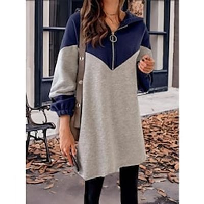 Women's Hoodie Dress Casual Dress Mini Dress Sherpa Fleece Lined Warm Outdoor Vacation Going out Hoodie Zipper Color Block Loose Fit Blue Green S M L XL XXL Lightinthebox