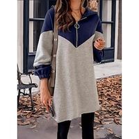 Women's Hoodie Dress Casual Dress Mini Dress Sherpa Fleece Lined Warm Outdoor Vacation Going out Hoodie Zipper Color Block Loose Fit Blue Green S M L XL XXL Lightinthebox - thumbnail