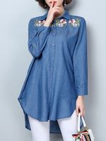 Embroidery Flower High-low Hem Long Sleeve Denim Shirt