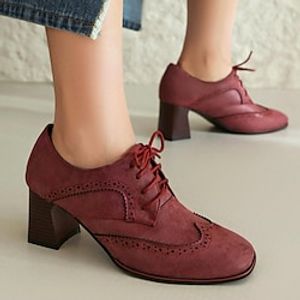 Women's Heels Oxfords Vintage Shoes Brogue Plus Size Party Outdoor Daily Chunky Heel Square Toe Vacation Cute Elegant Leather Lace-up Color Block Black Red Brown miniinthebox