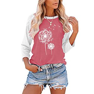 Women's Floral Theme Painting T shirt Dandelion Patchwork Print Round Neck Basic Tops Pink Black Gray miniinthebox