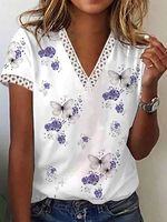 V-neck Cutout Loose Casual Floral Print Short Sleeve T-shirt