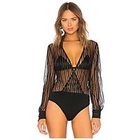 Women's Blouse Shirt Plain Striped Long Sleeve Lace V Neck Elegant Tops Black miniinthebox - thumbnail
