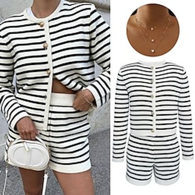 Set with Knitted Cardigans Sweaters Stripes Shorts Necklace 3 PCS Elegant Retro Vintage 1970s Outfits Women's Casual Daily Wear Lightinthebox