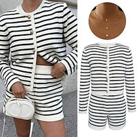 Set with Knitted Cardigans Sweaters Stripes Shorts Necklace 3 PCS Elegant Retro Vintage 1970s Outfits Women's Casual Daily Wear Lightinthebox - thumbnail