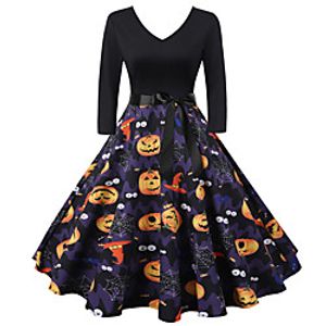 Women's A Line Dress Midi Dress Black Long Sleeve Print Vintage Style Fall Winter V Neck Vintage 2021 S M L XL XXL miniinthebox