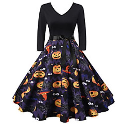 Women's A Line Dress Midi Dress Black Long Sleeve Print Vintage Style Fall Winter V Neck Vintage 2021 S M L XL XXL miniinthebox