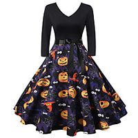 Women's A Line Dress Midi Dress Black Long Sleeve Print Vintage Style Fall Winter V Neck Vintage 2021 S M L XL XXL miniinthebox - thumbnail
