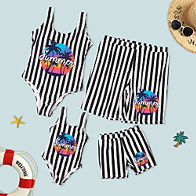 Family Look Swimsuit Striped Leaf Letter Daily Print Black Sleeveless Vacation Matching Outfits Lightinthebox