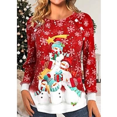 Christmas Shirt Women's T shirt Tee Snowman Snowflake Red Print Button Long Sleeve Christmas Weekend Festival  Holiday Round Neck Regular Fit Spring   Fall Lightinthebox