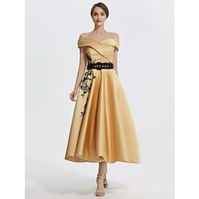 A-Line Cocktail Dresses Elegant Dress Formal Prom Tea Length Sleeveless Off Shoulder Satin with Appliques 2023 Lightinthebox