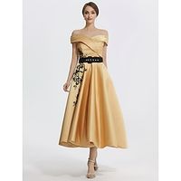 A-Line Cocktail Dresses Elegant Dress Formal Prom Tea Length Sleeveless Off Shoulder Satin with Appliques 2023 Lightinthebox - thumbnail