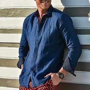Men's Shirt Linen Shirt Button Up Shirt Beach Shirt Pink Navy Blue Long Sleeve Plain Lapel Spring   Fall Casual Daily Clothing Apparel Lightinthebox