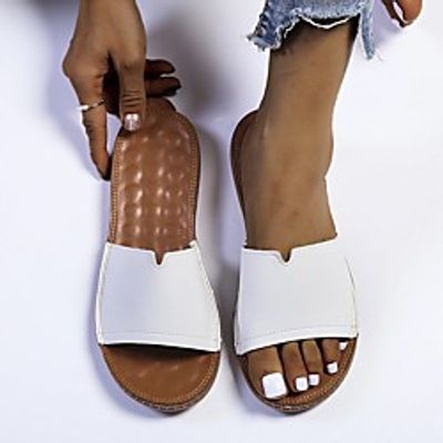 Women's Sandals Flat Heel Round Toe PU Solid Colored Dark Brown Pink White miniinthebox Women's Sandals Flat Heel Round Toe PU Solid Colored Dark Brown Pink White miniinthebox