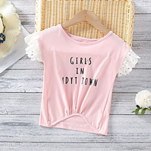 Kids Girls' T shirt Tee Short Sleeve Letter Lace Trims Print Blushing Pink Children Tops Summer Basic Regular Fit 3-8 Years Lightinthebox