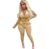 Women's Streetwear Solid Color Daily Homecoming Two Piece Set Blouse Crop Tracksuit Pant Jogger Pants Zipper Patchwork Tops miniinthebox - thumbnail