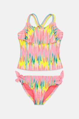 Girls Washed Out Flounce Tankini and Bikini Set Neon Pink Girls Washed Out Flounce Tankini and Bikini Set Neon Pink