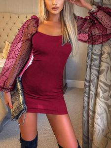 Burgundy Mesh Patchwork Polka Dot Square Neck Puffy Sleeves Dress