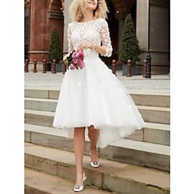 Little White Dresses Wedding Dresses A-Line Scoop Neck 34 Length Sleeve Asymmetrical Tulle Bridal Gowns With Pleats Appliques 2023 Lightinthebox