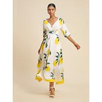 Women's Hem Maxi Satin Maxi Maxi Dress Yellow Half Sleeve Fruit Print Spring and Summer V Neck Dresses Vacation S M L