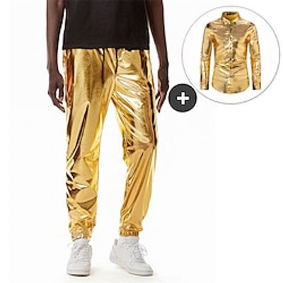 Men's Shirt Joggers Set Button Up Shirt Casual Pants Trousers Casual Shirt Gold Long Sleeve Plain Lapel Performance Daily 2 Pack Clothing Apparel Fashion Casual Comfortable Lightinthebox