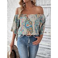 Women's Shirt Blouse Paisley Casual Holiday Blue Print Short Sleeve Fashion Boho Off Shoulder Regular Fit Summer Lightinthebox