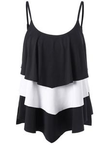 Casual Color Contrast Strap O-Neck Ruffles Tank Tops For Women