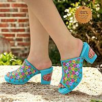 Women's Sandals Slippers Plus Size Hand-painted Hand Embossed Outdoor Daily Vacation Floral Rivet Flower Block Heel Round Toe Bohemia Vintage Fashion Walking Premium Leather Loafer Blue Lightinthebox