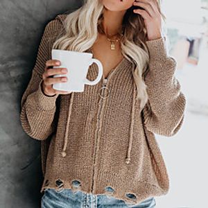 Women's Cardigan Open Back Knitted Solid Color Stylish Long Sleeve Sweater Cardigans Hooded Fall Khaki Royal Blue Light gray miniinthebox