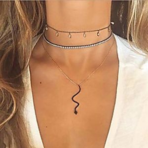 gold snake layered necklace with black rhinestone pendant gorgeous teardrop-shaped crystal choker fashion design elegant chain cute jewelry for prom party dating for women and girls Lightinthebox